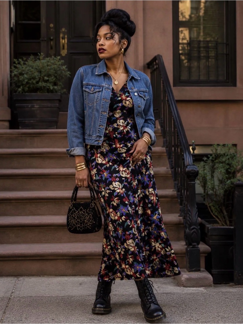 90s Floral V-Neck Maxi Dress in Black Side Slits Silent Zipper Sleeveless